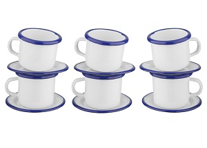 TAZZA CAFFE' CON PIATTO ACCIAIO SMALTATO BIANCO BLU 012249